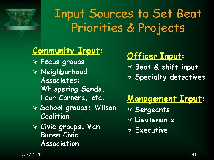 Input Sources to Set Beat Priorities & Projects Community Input: Ú Focus groups Ú