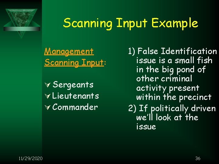 Scanning Input Example Management Scanning Input: Ú Sergeants Ú Lieutenants Ú Commander 11/29/2020 1)