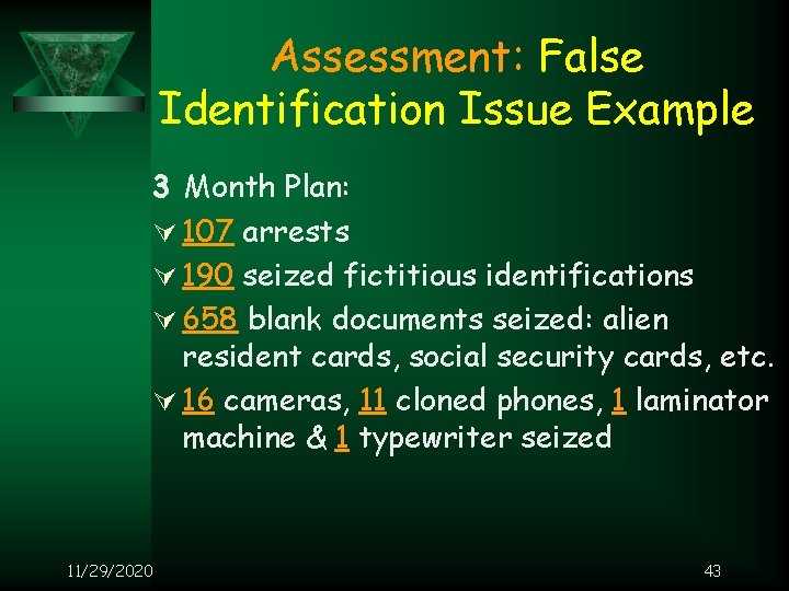 Assessment: False Identification Issue Example 3 Month Plan: Ú 107 arrests Ú 190 seized
