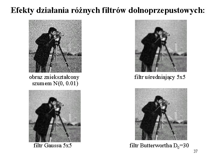 Efekty działania różnych filtrów dolnoprzepustowych: obraz zniekształcony szumem N(0, 0. 01) filtr uśredniający 5