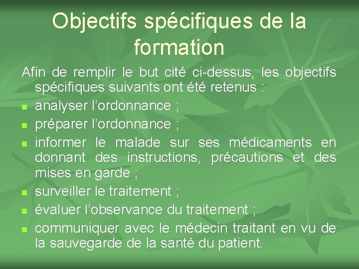 Objectifs spécifiques de la formation Afin de remplir le but cité ci-dessus, les objectifs
