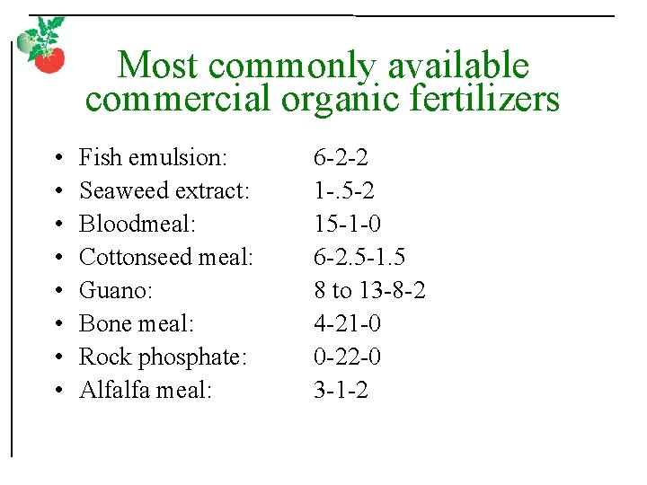 Most commonly available commercial organic fertilizers • • Fish emulsion: Seaweed extract: Bloodmeal: Cottonseed