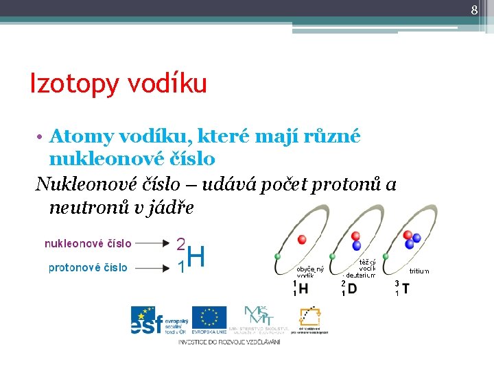 8 Izotopy vodíku • Atomy vodíku, které mají různé nukleonové číslo Nukleonové číslo –