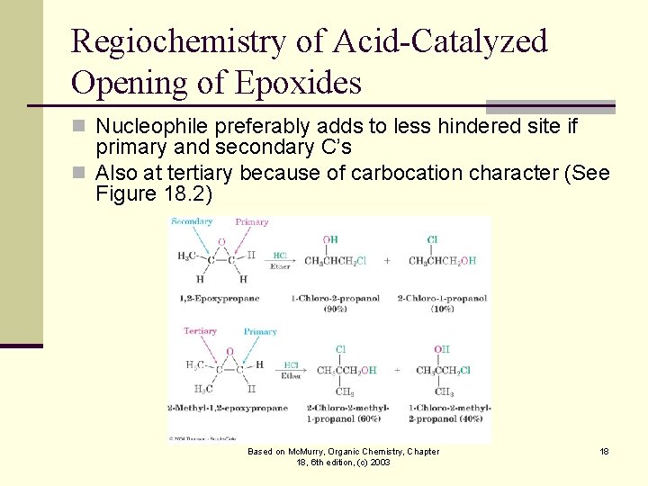 Regiochemistry of Acid-Catalyzed Opening of Epoxides n Nucleophile preferably adds to less hindered site