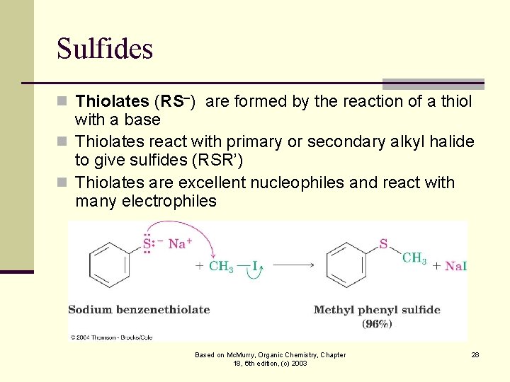 Sulfides n Thiolates (RS ) are formed by the reaction of a thiol with