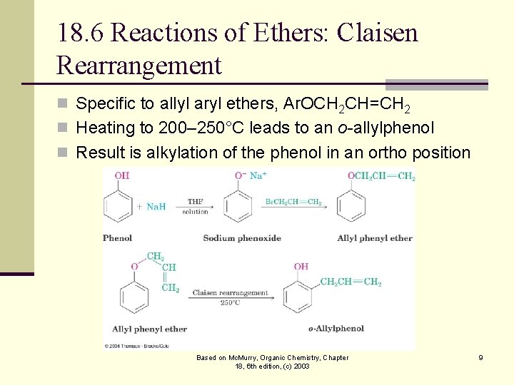 18. 6 Reactions of Ethers: Claisen Rearrangement n Specific to allyl aryl ethers, Ar.
