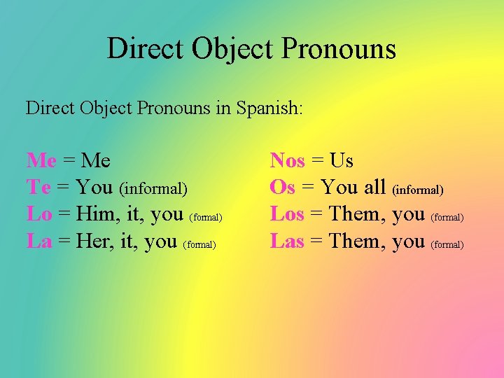Direct Object Pronouns in Spanish: Me = Me Te = You (informal) Lo =