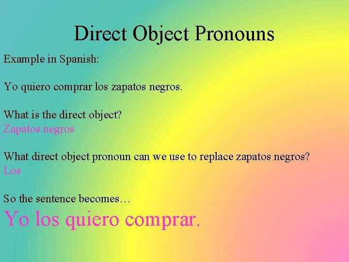 Direct Object Pronouns Example in Spanish: Yo quiero comprar los zapatos negros. What is