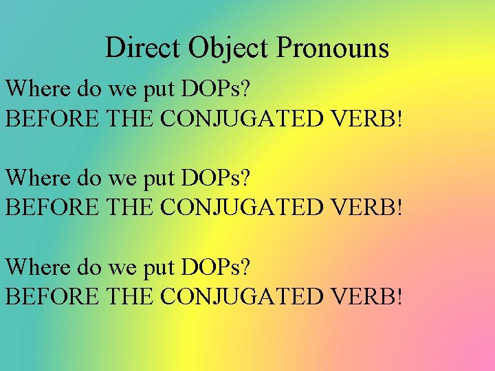 Direct Object Pronouns Where do we put DOPs? BEFORE THE CONJUGATED VERB! 