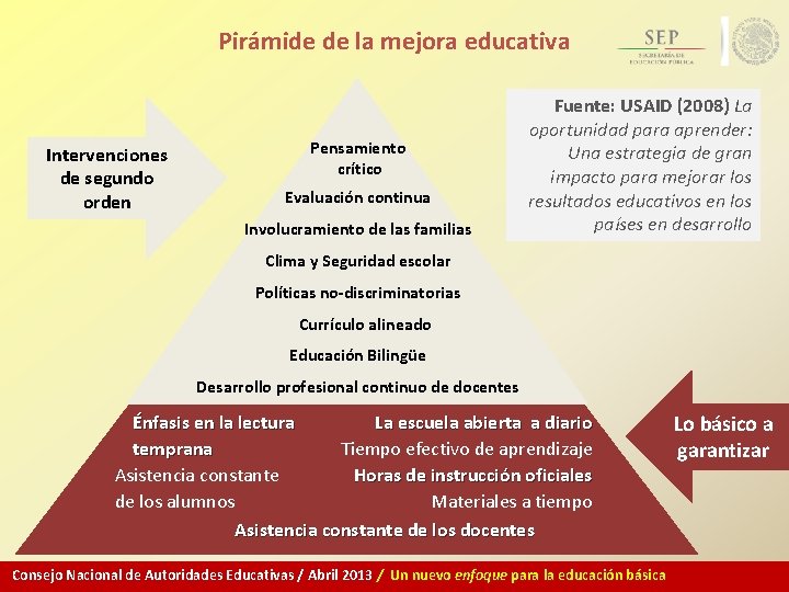 Pirámide de la mejora educativa Intervenciones de segundo orden Pensamiento crítico Evaluación continua Involucramiento