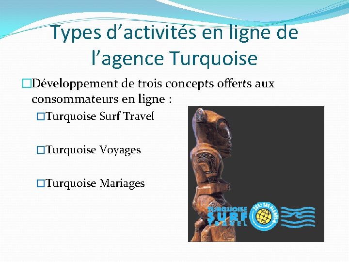 Types d’activités en ligne de l’agence Turquoise �Développement de trois concepts offerts aux consommateurs