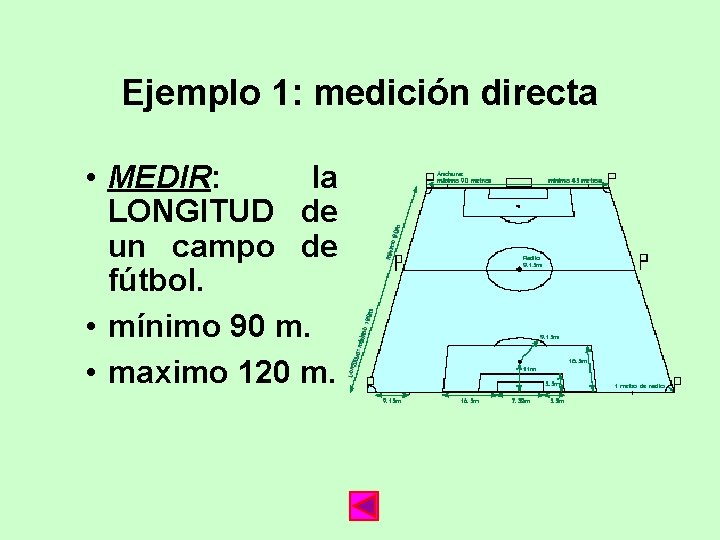 Ejemplo 1: medición directa • MEDIR: la LONGITUD de un campo de fútbol. •