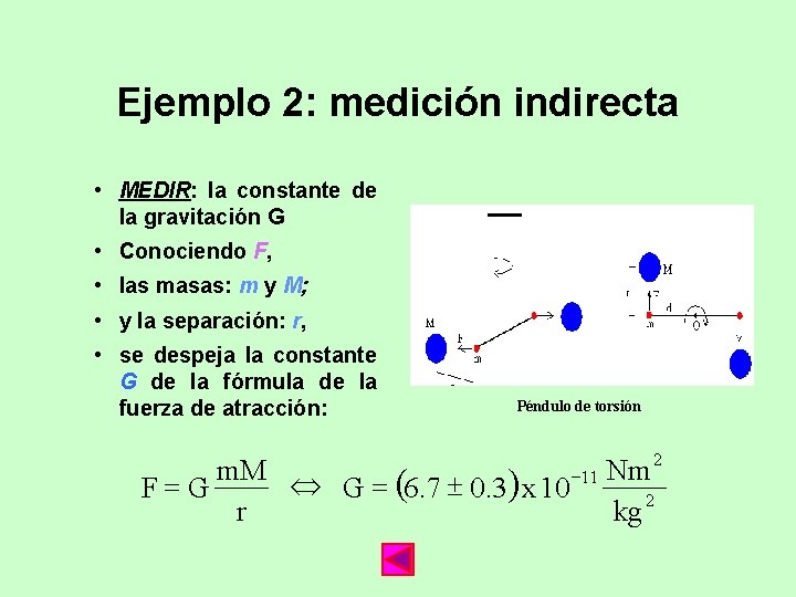 Ejemplo 2: medición indirecta • MEDIR: la constante de la gravitación G • Conociendo
