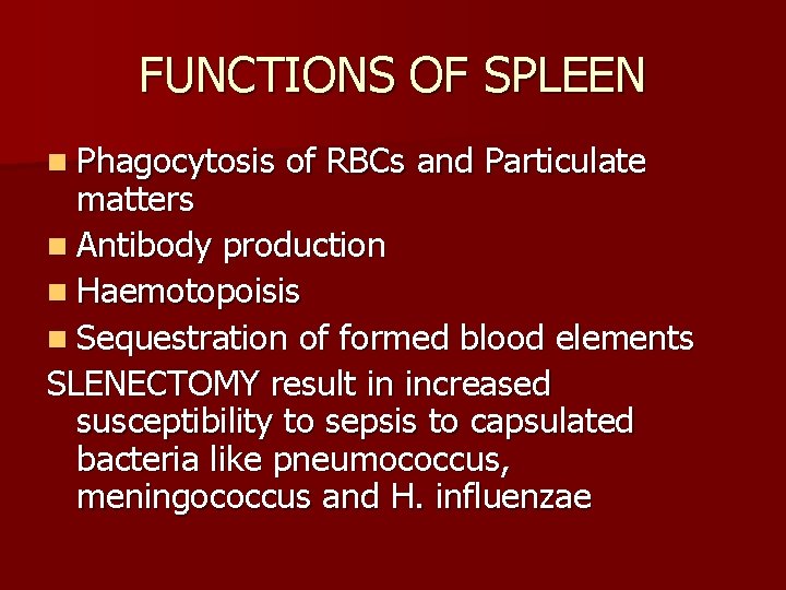 FUNCTIONS OF SPLEEN n Phagocytosis of RBCs and Particulate matters n Antibody production n