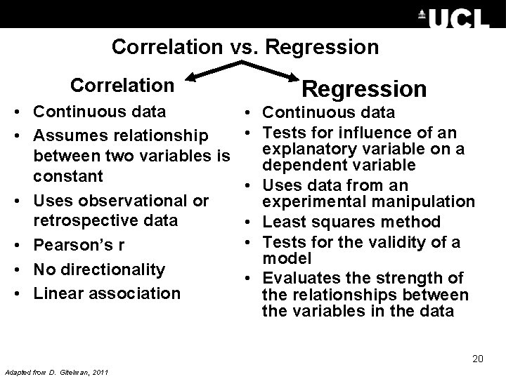 Correlation vs. Regression Correlation • Continuous data • Assumes relationship between two variables is