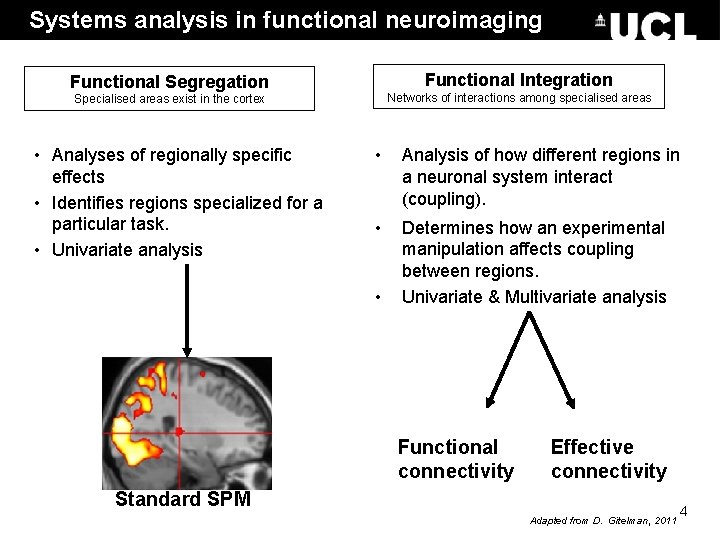 Systems analysis in functional neuroimaging Functional Integration Functional Segregation Networks of interactions among specialised