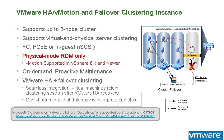 VMware HA/v. Motion and Failover Clustering Instance • • Supports up to 5 -node