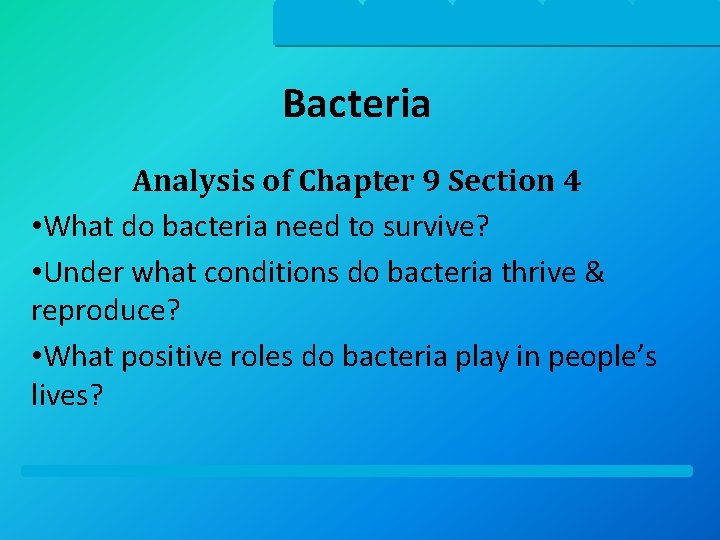Bacteria Analysis of Chapter 9 Section 4 • What do bacteria need to survive?