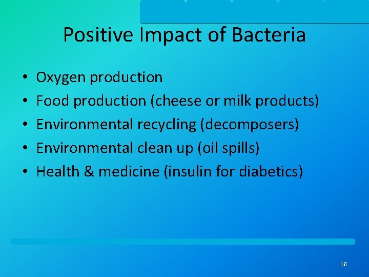 Positive Impact of Bacteria • • • Oxygen production Food production (cheese or milk