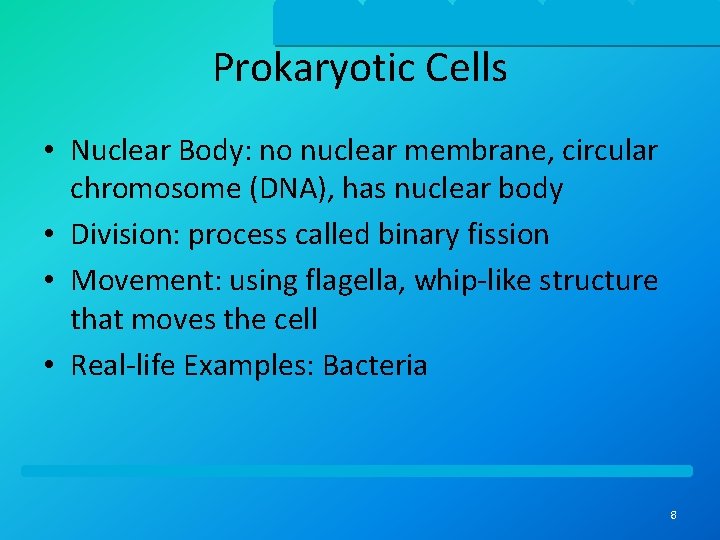 Prokaryotic Cells • Nuclear Body: no nuclear membrane, circular chromosome (DNA), has nuclear body