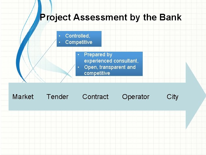 Project Assessment by the Bank • Controlled, • Competitive • Prepared by experienced consultant,