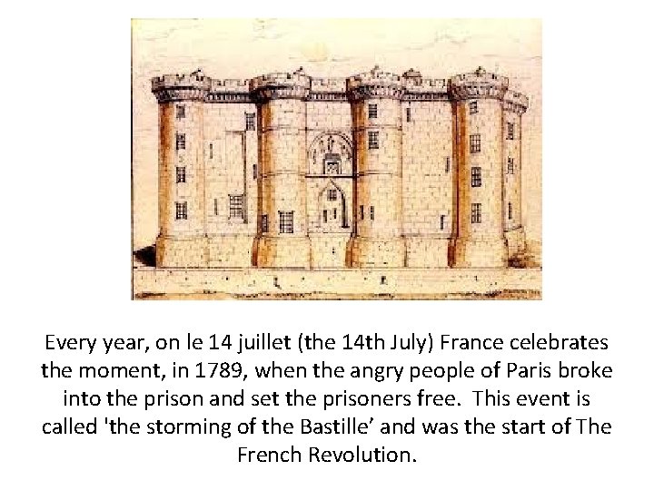 Every year, on le 14 juillet (the 14 th July) France celebrates the moment,