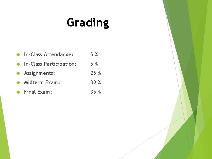 Grading In-Class Attendance: 5% In-Class Participation: 5% Assignments: 25 % Midterm Exam: 30 %