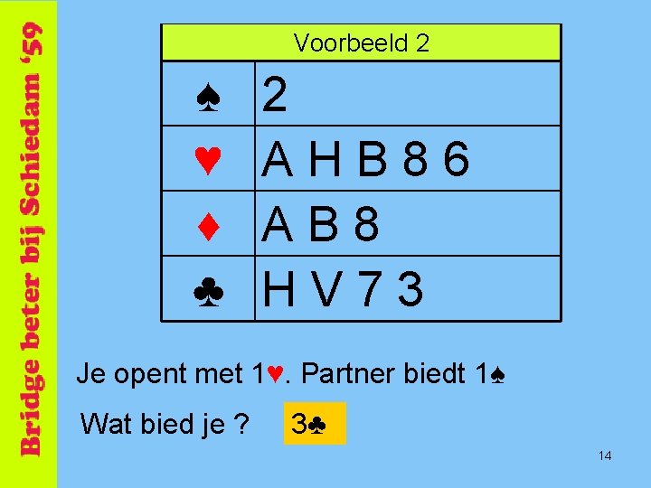 Voorbeeld 2 ♠ ♥ ♦ ♣ 2 AHB 86 AB 8 HV 73 Je