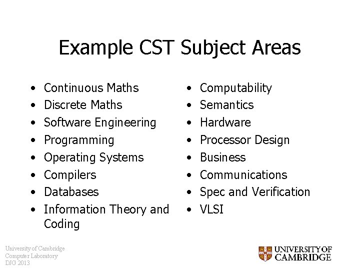 Example CST Subject Areas • • Continuous Maths Discrete Maths Software Engineering Programming Operating