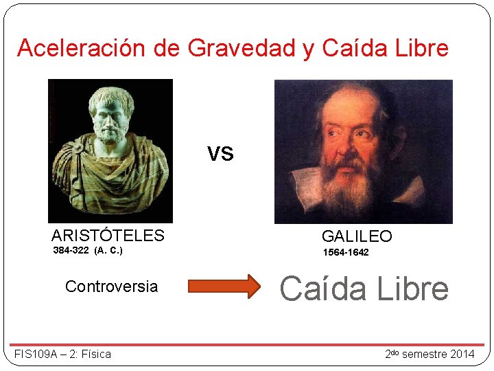 Aceleración de Gravedad y Caída Libre vs ARISTÓTELES GALILEO 384 -322 (A. C. )