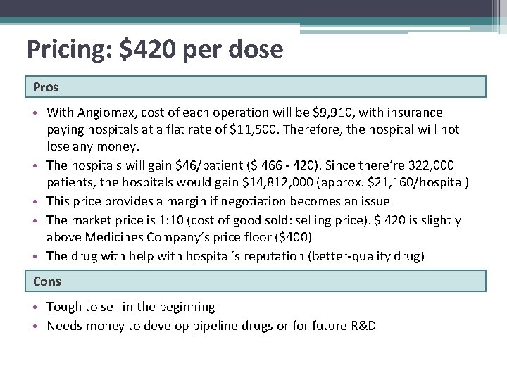 Pricing: $420 per dose Pros • With Angiomax, cost of each operation will be