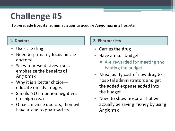 Challenge #5 To persuade hospital administration to acquire Angiomax in a hospital 1. Doctors