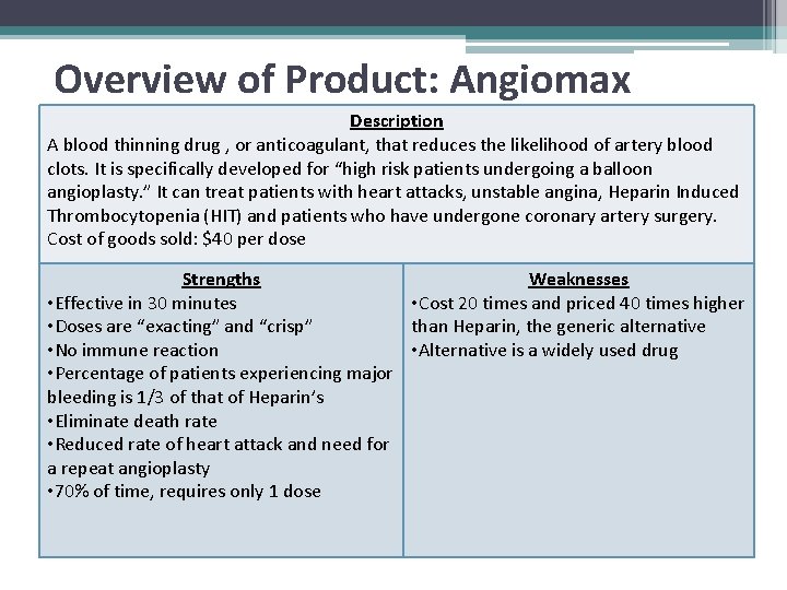 Overview of Product: Angiomax Description A blood thinning drug , or anticoagulant, that reduces
