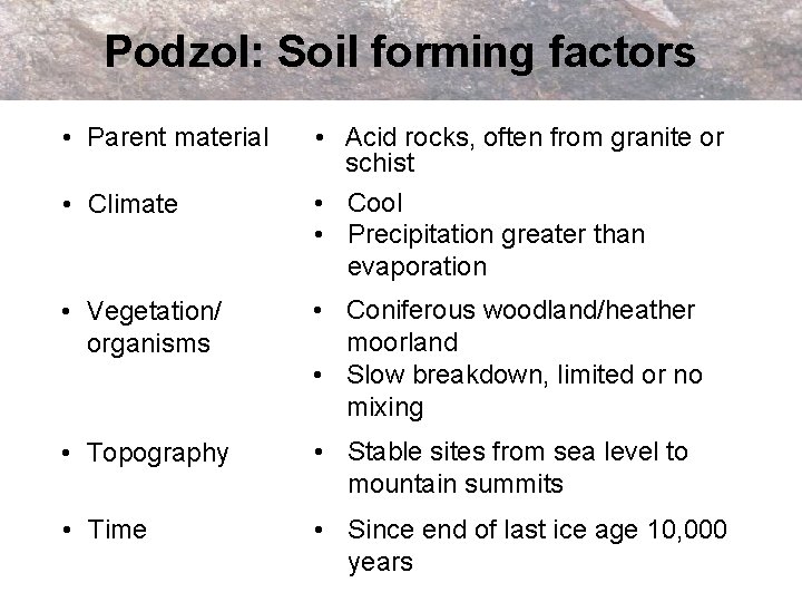 Podzol: Soil forming factors • Parent material • Climate • Acid rocks, often from