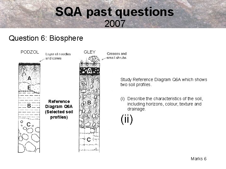 SQA past questions 2007 Question 6: Biosphere PODZOL GLEY Study Reference Diagram Q 6