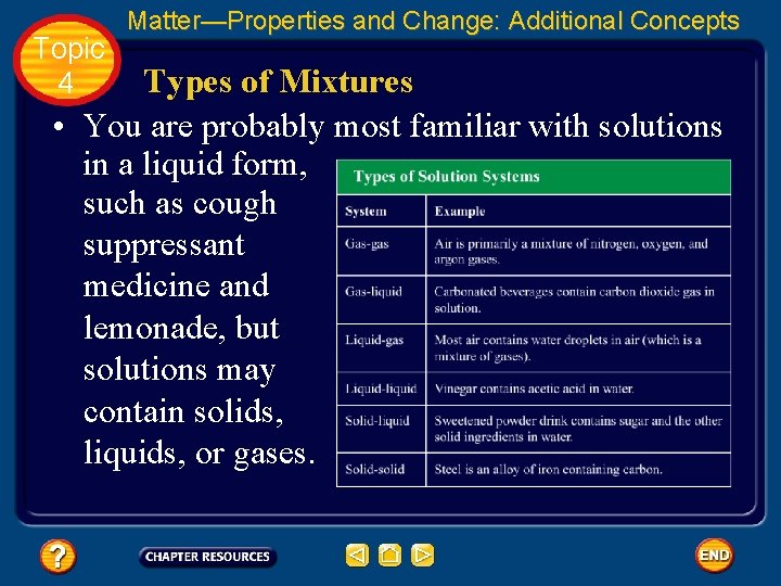 Topic 4 Matter—Properties and Change: Additional Concepts Types of Mixtures • You are probably