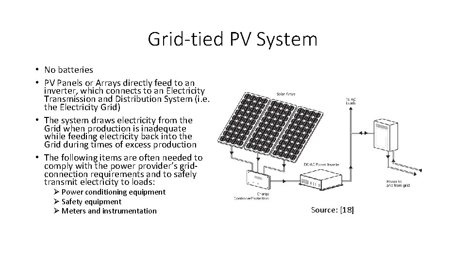 Grid-tied PV System • No batteries • PV Panels or Arrays directly feed to