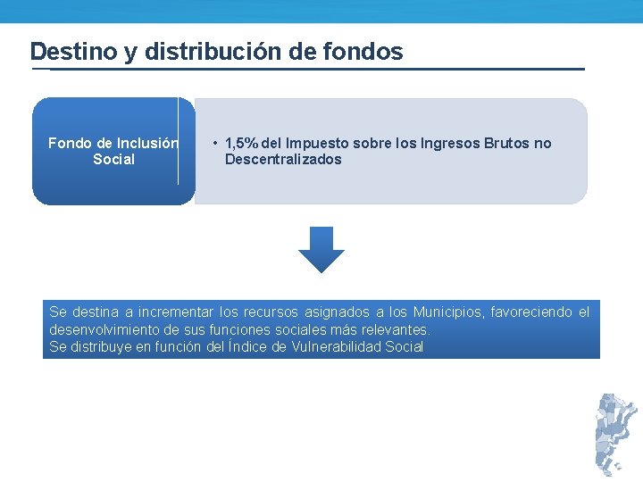 Destino y distribución de fondos Fondo de Inclusión Social • 1, 5% del Impuesto