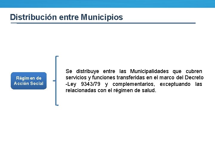 Distribución entre Municipios Régimen de Acción Social Se distribuye entre las Municipalidades que cubren