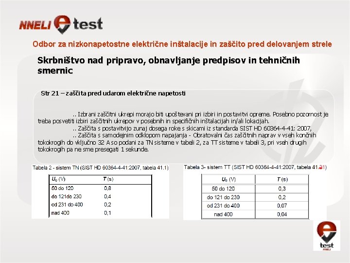 Odbor za nizkonapetostne električne inštalacije in zaščito pred delovanjem strele Skrbništvo nad pripravo, obnavljanje