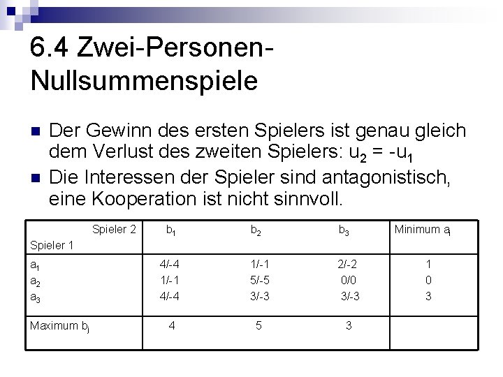 6. 4 Zwei-Personen. Nullsummenspiele n n Der Gewinn des ersten Spielers ist genau gleich