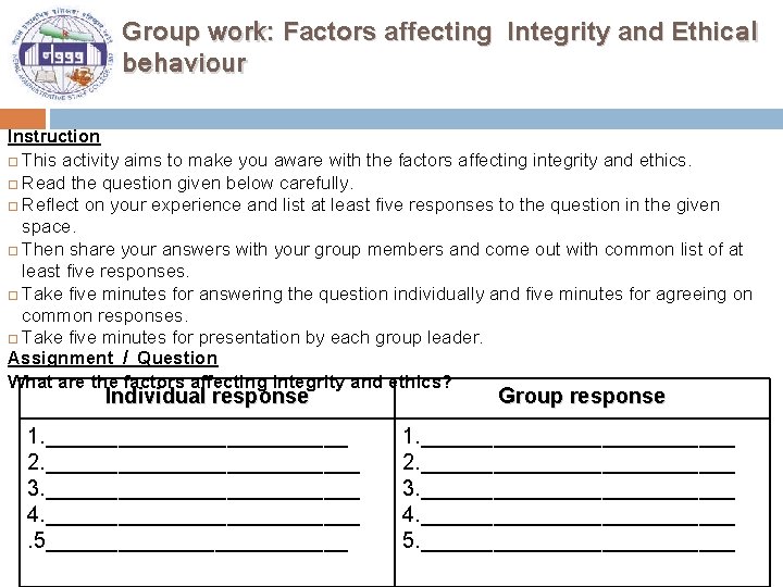 Group work: Factors affecting Integrity and Ethical behaviour Instruction This activity aims to make