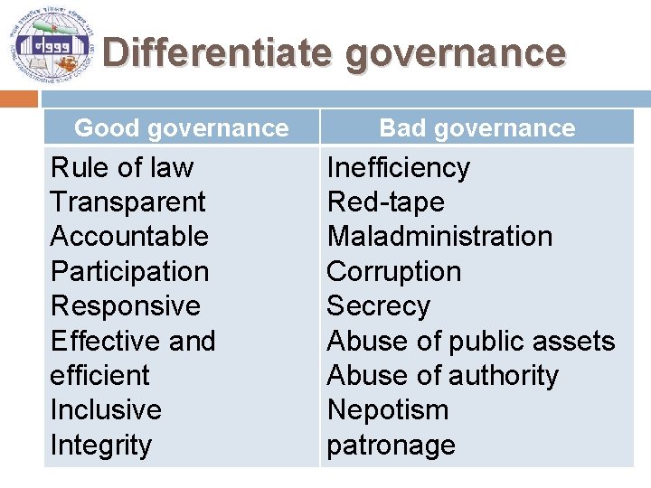 Differentiate governance Good governance Rule of law Transparent Accountable Participation Responsive Effective and efficient