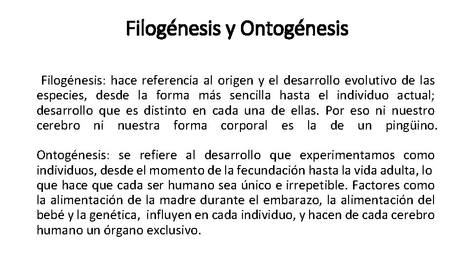 Filogénesis y Ontogénesis Filogénesis: hace referencia al origen y el desarrollo evolutivo de las