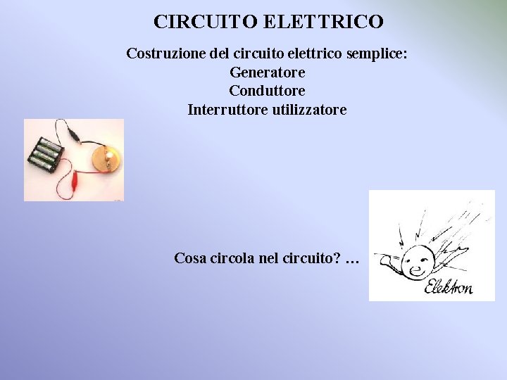 CIRCUITO ELETTRICO Costruzione del circuito elettrico semplice: Generatore Conduttore Interruttore utilizzatore Cosa circola nel