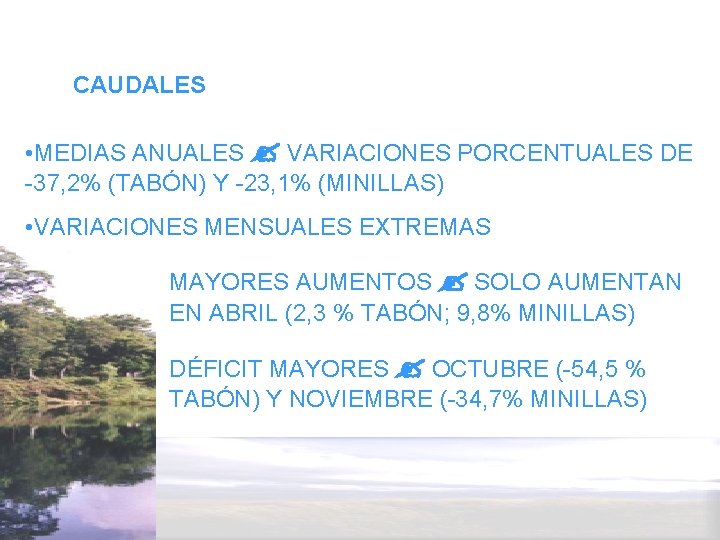 CAUDALES • MEDIAS ANUALES VARIACIONES PORCENTUALES DE -37, 2% (TABÓN) Y -23, 1% (MINILLAS)