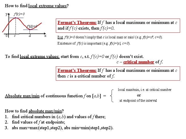 How to find local extreme values? y f (c)=0 Fermat’s Theorem: If f has