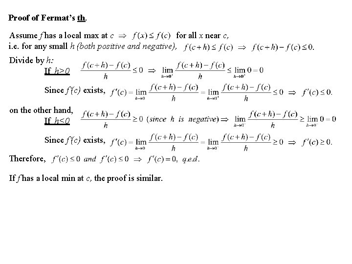 Proof of Fermat’s th. Assume f has a local max at c for all