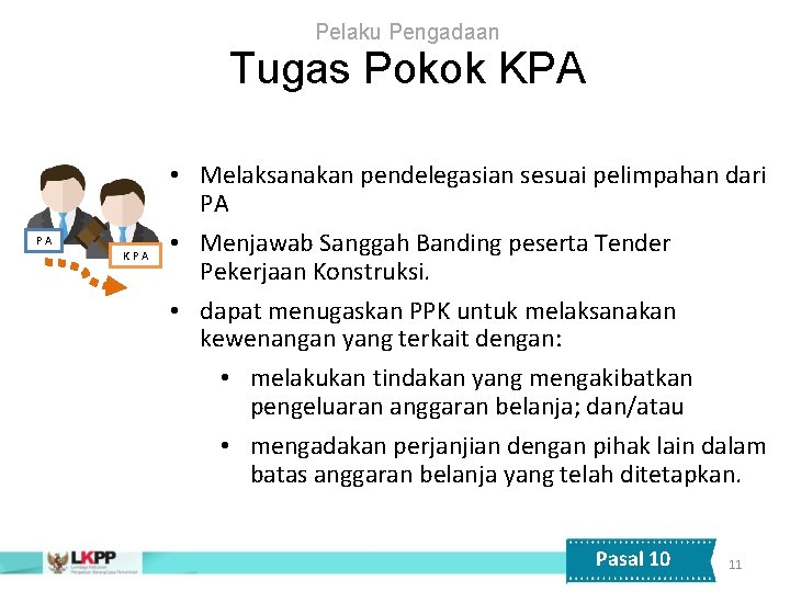 Pelaku Pengadaan Tugas Pokok KPA PA KPA • Melaksanakan pendelegasian sesuai pelimpahan dari PA