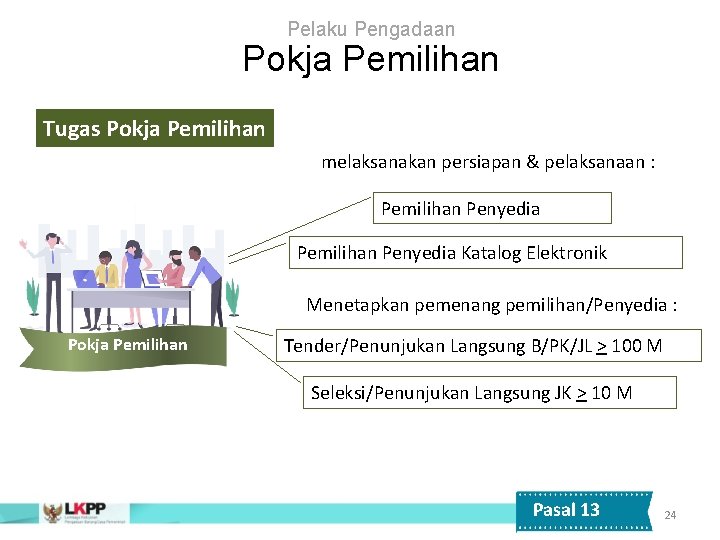 Pelaku Pengadaan Pokja Pemilihan Tugas Pokja Pemilihan melaksanakan persiapan & pelaksanaan : Pemilihan Penyedia